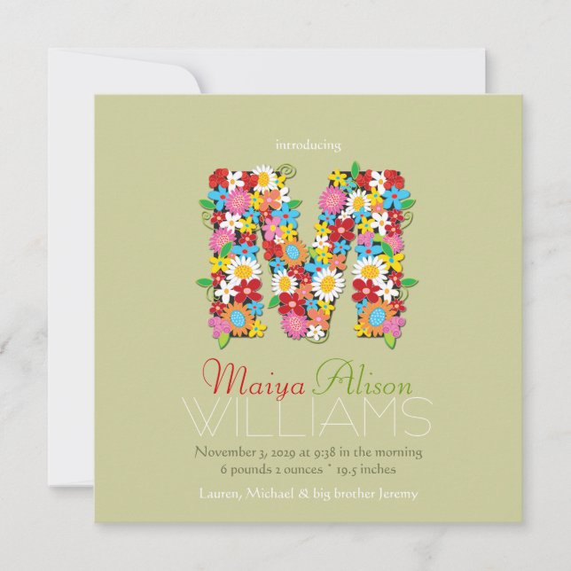 Spring Flowers Monogram Baby Girl Photo Birth Announcement (Front)