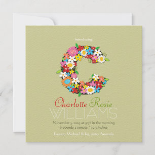 Spring Flowers Monogram Baby Girl Photo Birth Announcement