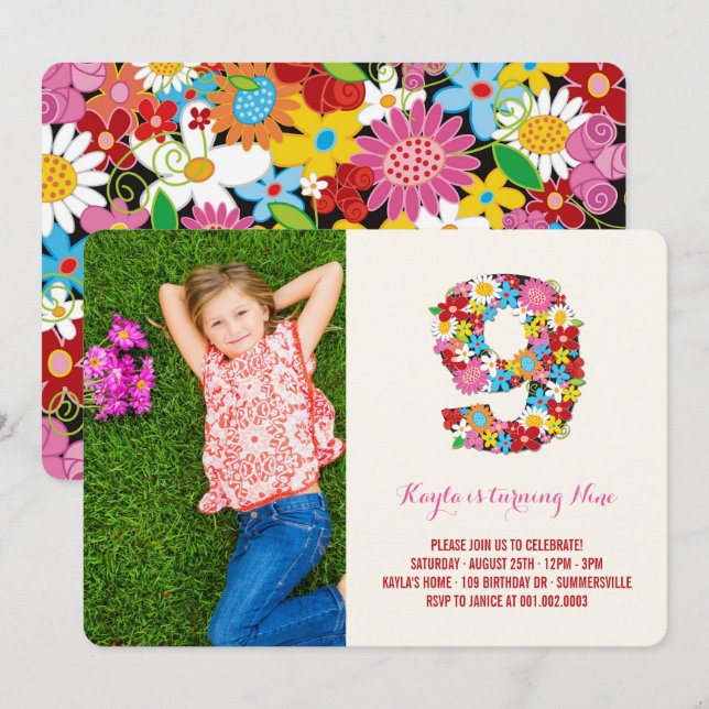 Spring Flowers Nine Girl 9th Birthday Photo Invite (Front/Back)