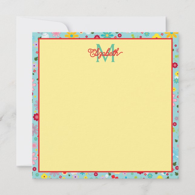 Spring Flowers on Aqua Blue Monogram Card (Front)