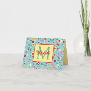 Spring Flowers on Aqua Blue Monogram Note Card