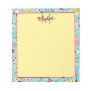 Spring Flowers on Aqua Blue Monogram Notepad