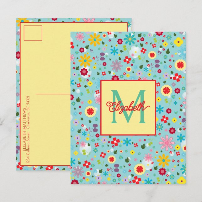 Spring Flowers on Aqua Blue Monogram Postcard (Front/Back)