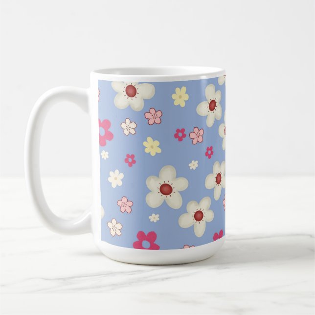 spring flowers on blue background coffee mug (Left)