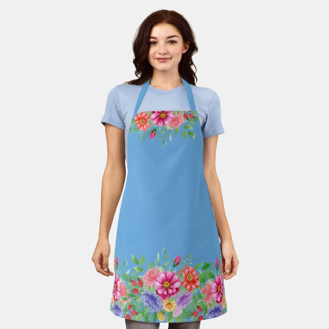 Spring Flowers on Blue Background Cooking Apron (Worn)