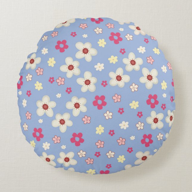 spring flowers on blue background round cushion (Front)