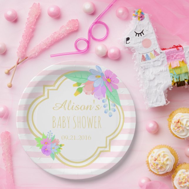 Spring Flowers On Pink Baby Shower Paper Plates 9" (Party)