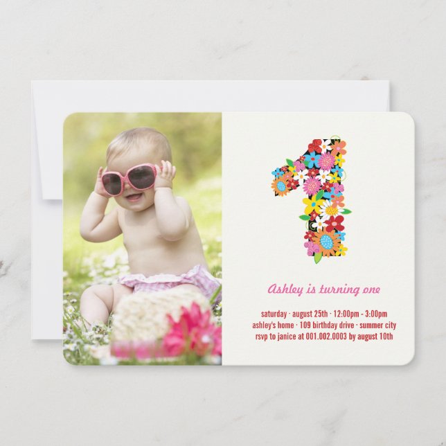 Spring Flowers One Baby Girl First Birthday Photo Invitation (Front)