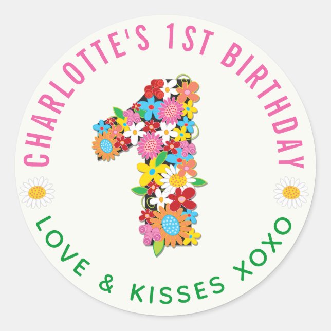 Spring Flowers One Girl 1st Birthday Party Sticker (Front)