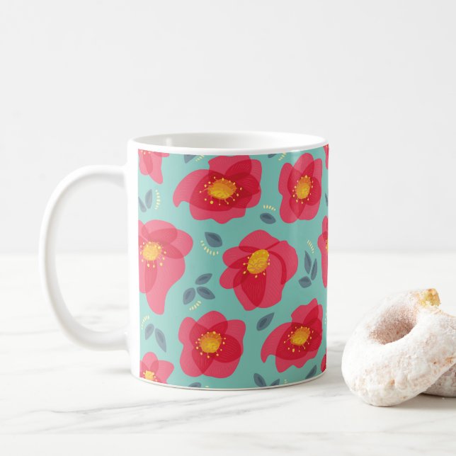 Spring Flowers Pattern Blue Pink Springtime Coffee Mug (With Donut)