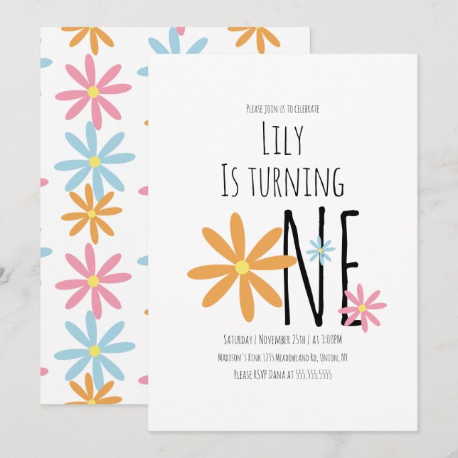 Spring Flowers Pink Blue Orange First Birthday  Invitation (Front/Back)