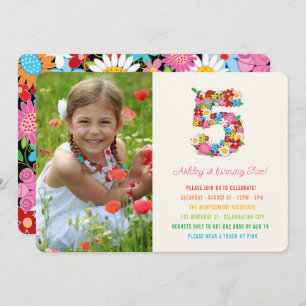 Spring Flowers Pink Girl 5th Birthday Photo Invite