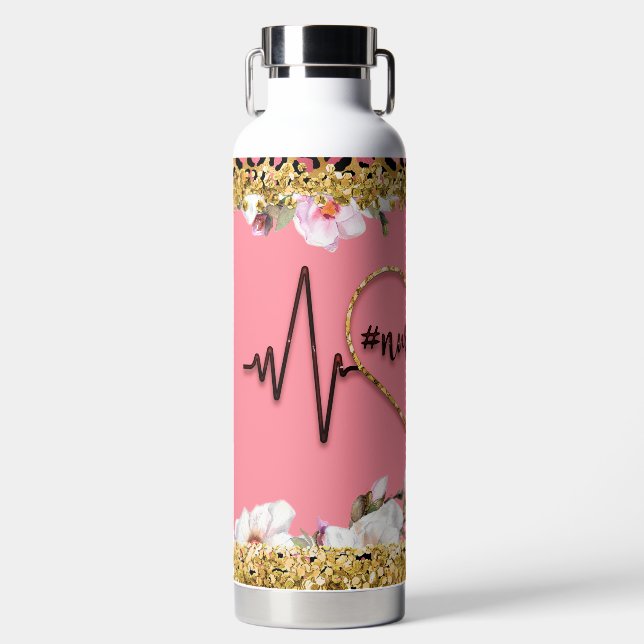Spring Flowers Pink Gold Glitter Nurse Life Water Bottle (Front)