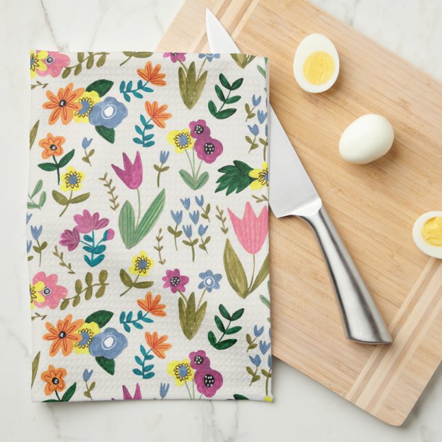 Spring flowers pink & green cute floral  tea towel (Quarter Fold)
