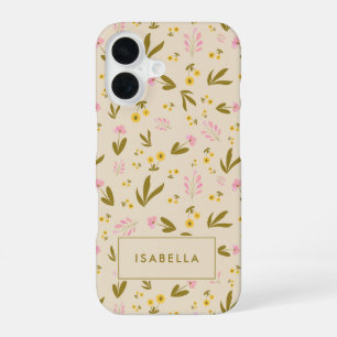 Spring Flowers Pink Green Floral Custom Name iPhone 16 Case