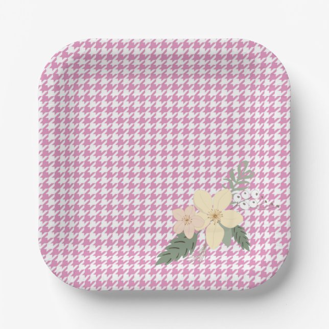 Spring Flowers Pink Houndstooth Shower Easter Fun Paper Plate (Front)
