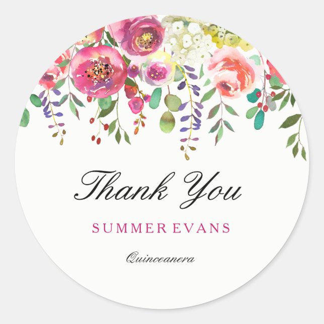 Spring Flowers Pink Peach Quinceanera Thank You Classic Round Sticker (Front)
