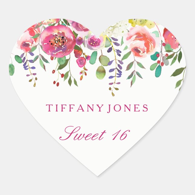 Spring Flowers Pink Peach Sweet 16 Thank You Heart Sticker (Front)