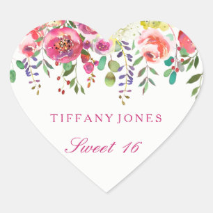 Spring Flowers Pink Peach Sweet 16 Thank You Heart Sticker