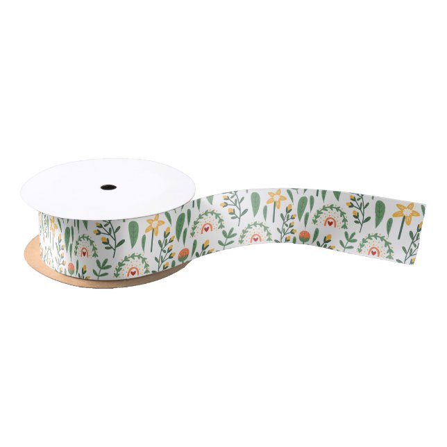 Spring Flowers Rainbow Modern Watercolor Floral Satin Ribbon (Spool)