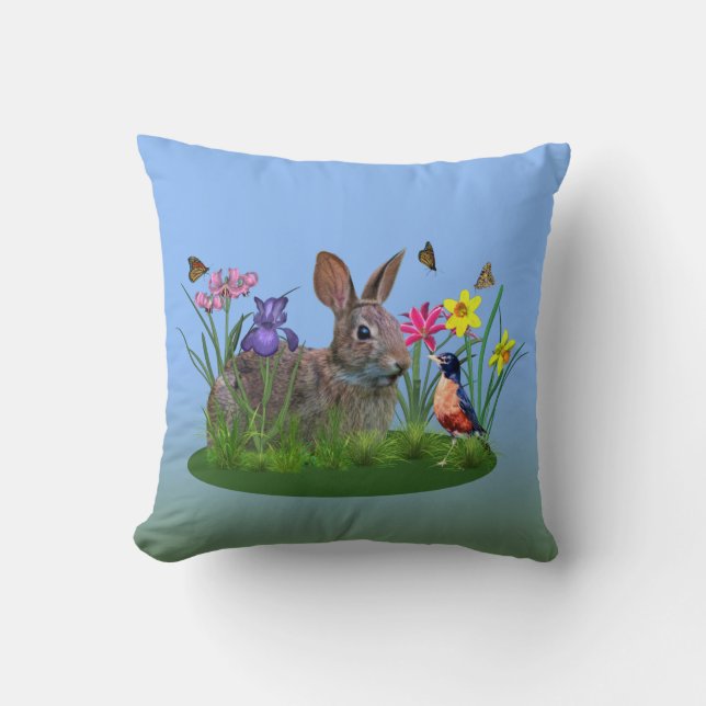 Spring Flowers, Robin,  and Bunny Rabbit Cushion (Front)