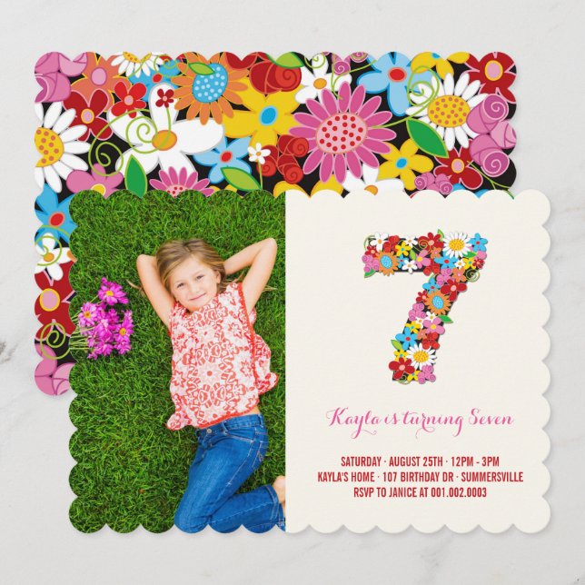 Spring Flowers Seven Cute Girl 7th Birthday Invite (Front/Back)