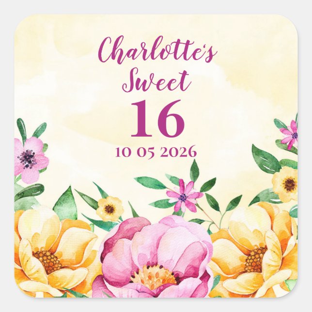 Spring Flowers Sweet 16 Birthday Favour Tag (Front)