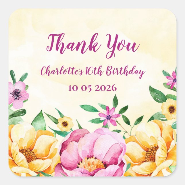 Spring Flowers Thank You Birthday Favour Tag (Front)