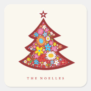 Spring Flowers Tropical Christmas Tree Holiday Square Sticker