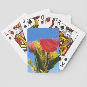 spring flowers, tulips, colorful + flowers, blue playing cards
