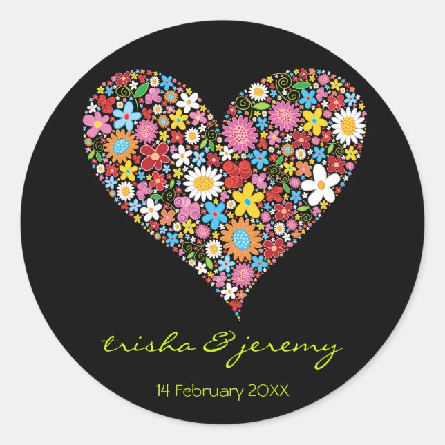 Spring Flowers Valentine Heart Chic Wedding Favour Classic Round Sticker (Front)