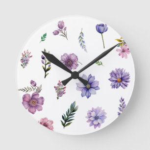 Spring flowers watercolor cottage-core set round clock