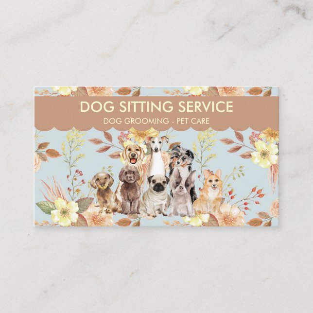 Spring Flowers Watercolor Dogs Business Card (Front)