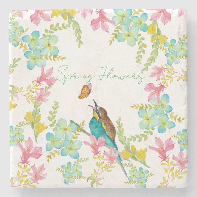 Spring flowers watercolor  stone coaster (Front)