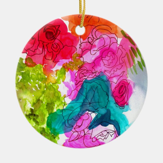 Spring Flowers watercolour abstract art Ceramic Tree Decoration (Front)