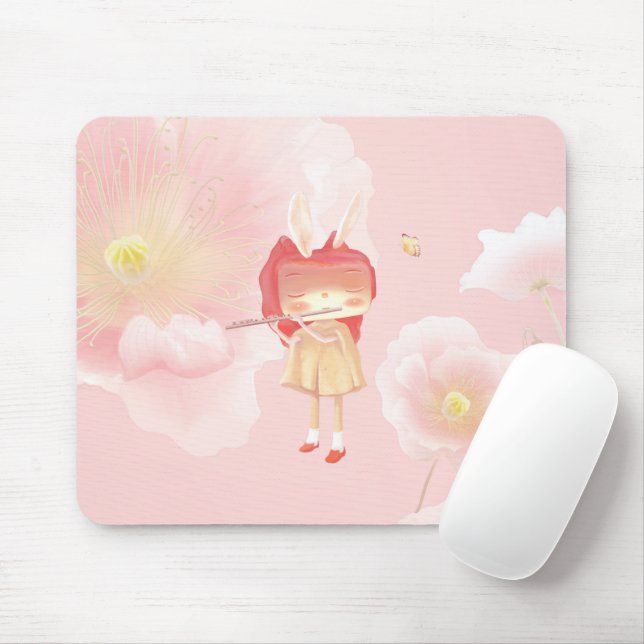 Spring Flute: Bunny Girl Playing Music in Pink Gar Mouse Mat (With Mouse)