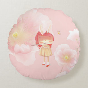 Spring Flute: Bunny Girl Playing Music in Pink Gar Round Cushion