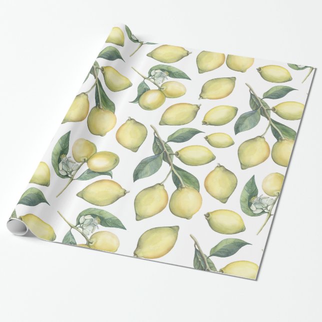 Spring Fresh watercolor yellow lemons and leaves Wrapping Paper (Unrolled)