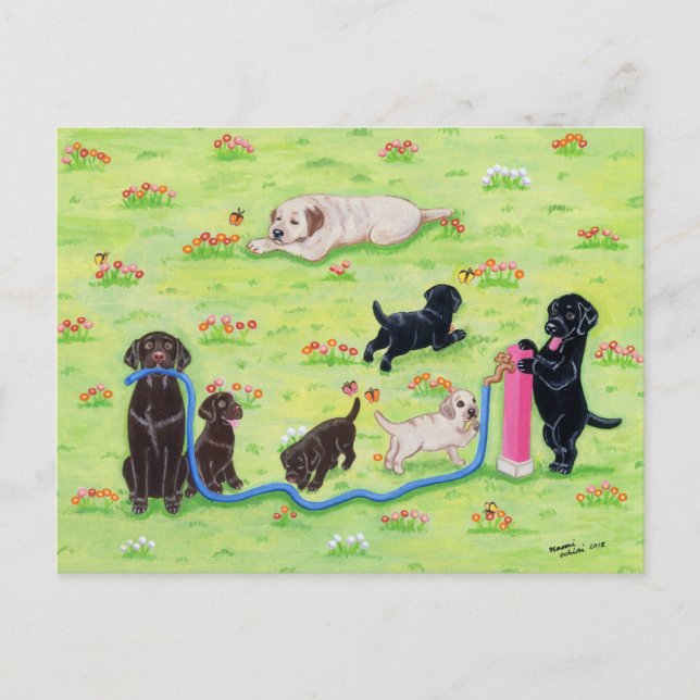 Spring Fun Labradors Painting Postcard (Front)