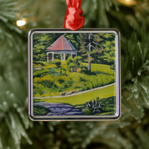 Spring Gabozebo with Pathes in Pinks Greens Metal Tree Decoration