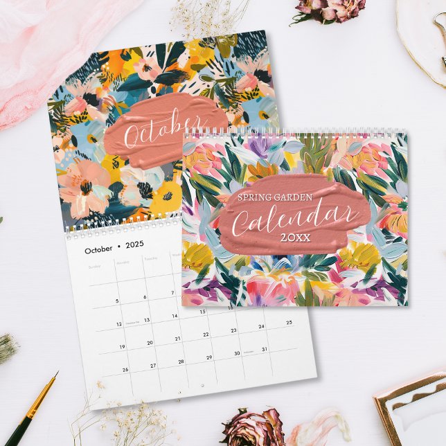 Spring Garden Abstract Floral Painting 2025  Calendar (Botanical floral oil painting calendar with abstract flower paintings in vibrant colors.)