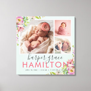 Spring Garden Baby Girl Birth Stats Photo Collage Canvas Print