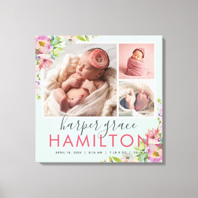Spring Garden Baby Girl Birth Stats Photo Collage Canvas Print (Front)