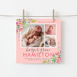 Spring Garden Baby Girl Photo Birth Announcement<br><div class="desc">Affordable custom printed baby girl birth announcement photo cards. This sweet girly design has a pastel floral border with pink and purple flowers and greenery on a blush pink background. Personalise the design with baby's name, birthday and birth stats and add 3 newborn photos. Reverse side has space to add...</div>