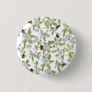 Spring garden blooms and bumblebees 3 cm round badge