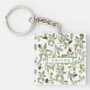Spring garden blooms and bumblebees key ring