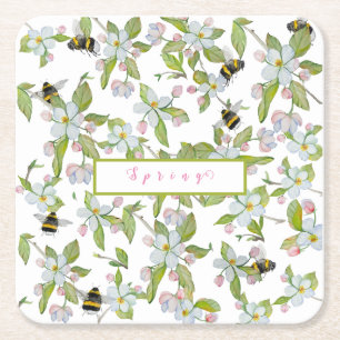 Spring garden blooms and bumblebees square paper coaster
