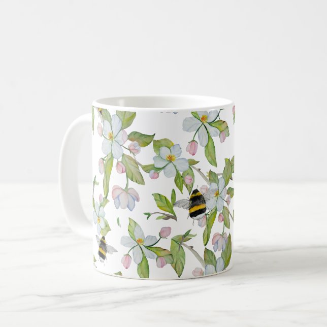 Spring garden blossoms and bumblebees coffee mug (Front Left)
