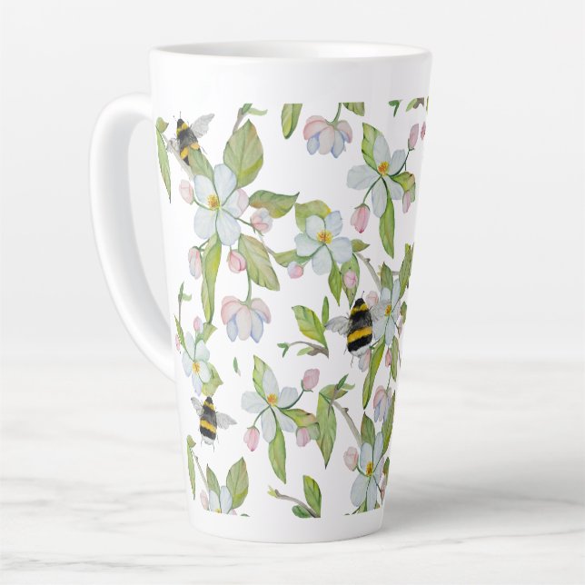 Spring garden blossoms and bumblebees latte mug (Left Angle)