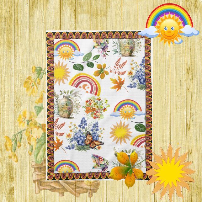 Spring Garden Butterfly Rainbow Sunshine Greenery  Tea Towel (Spring Garden Butterfly Rainbow Sunshine Greenery Kitchen Towel)